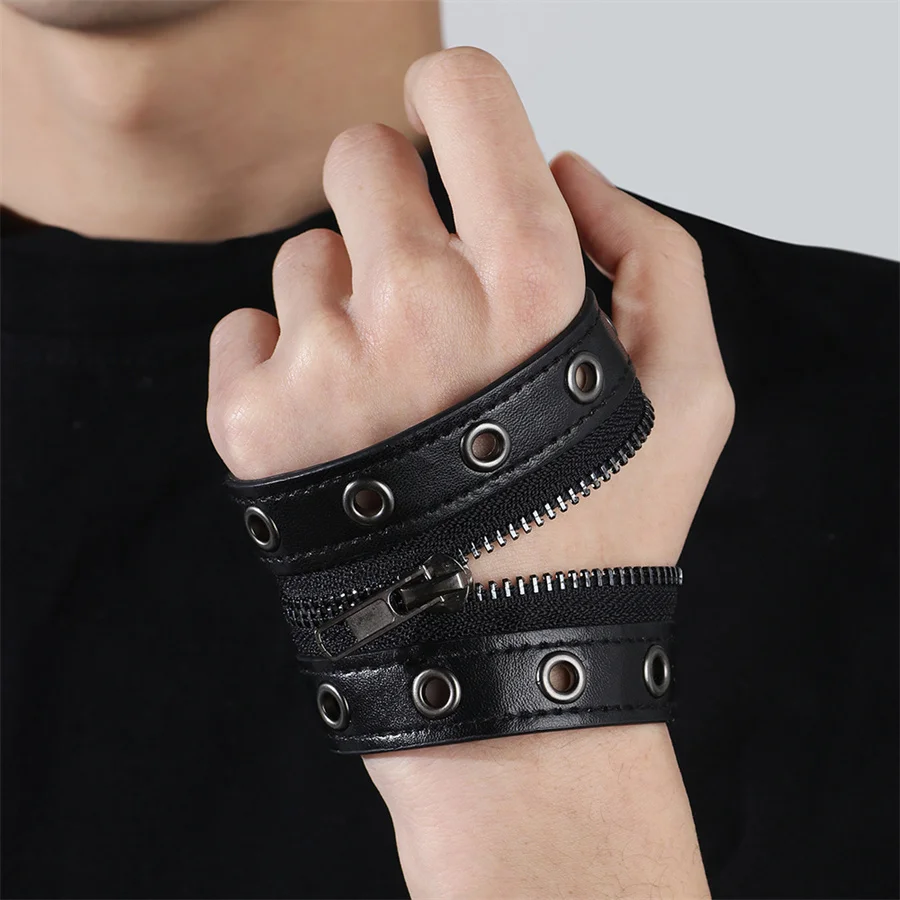 

New Unique Zipper Stitched Leather Bracelet Punk Exaggerated Wide Blind Rivet Leather Wrist Bracelet Men's And Women's Bracelet