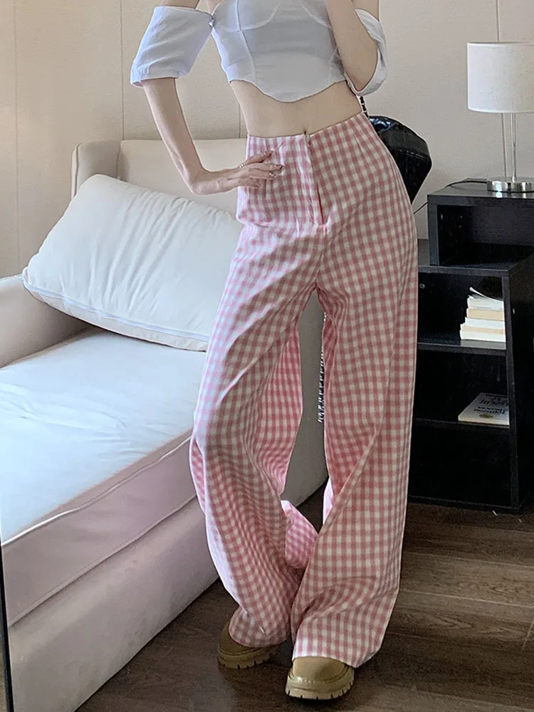 

Брюки женские в клетку с широкими штанинами, уличная одежда, свободные штаны до пола с завышенной талией, Тонкие штаны с широкими штанинами, розовые, на лето