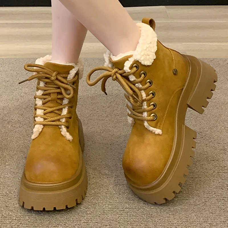 Women Winter Snow Boots Chunky Platform Fur Warm Ankle Shoes 2025 Mid Heels Suede Woman Chelsea Short Plush Cotton