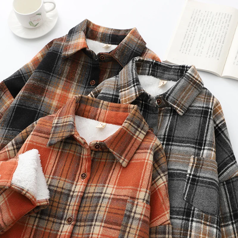 

Women's Autumn Winter Vintage Plaid Shirts Thicken Plus Fluff Warm Grind-Hairy Woolen-Cloth Outerwear Tops Casual Blouses JH508
