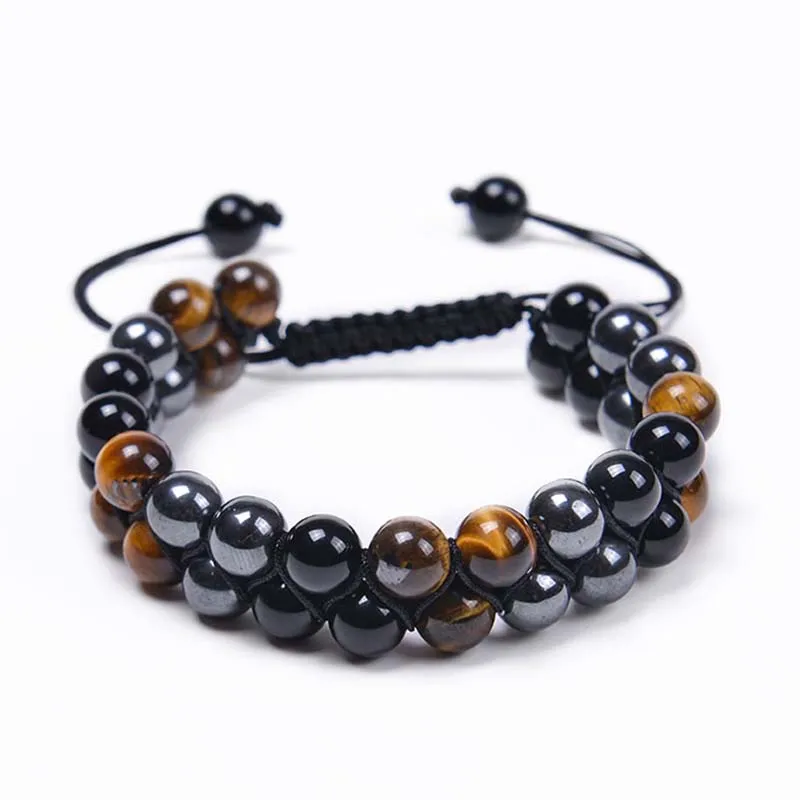 

Hot Sale Tiger Eye Stone Bracelet Men Women Healing Natural Hematite Black Onyx Double Row Bracelet Adjustable Yoga Beads Bracel