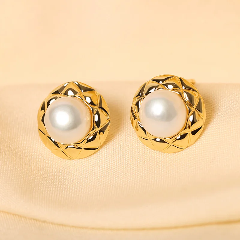 

Simple Round Fashion Jewelry Women's Freshwater Pearl Diamond Pattern Earrings Creative Stud Earrings for Women Accessories