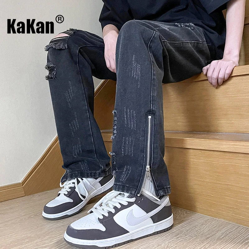 Kakan - New European and American Men's Wear Perforated Straight Leg Jeans, Relaxed Design Sense Vintage Long Jeans K24-ASN713