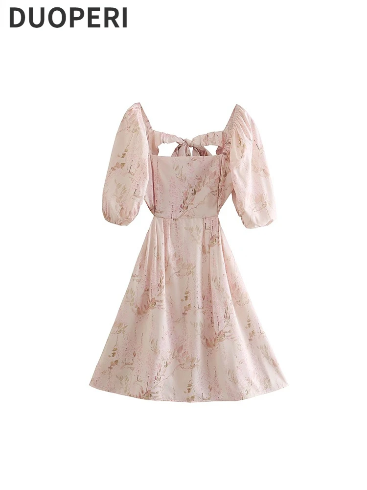 

DUOPERI Women Fashion Printed Mini Dress Vintage Square Collar Short Puff Sleeves Backless Bandage Zipper Female Chic Mini Dress