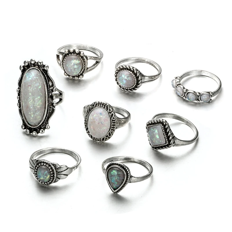 

8x/Set Vintage Opal Stone Finger above Band Midi Rings Jewelry Decor Ins