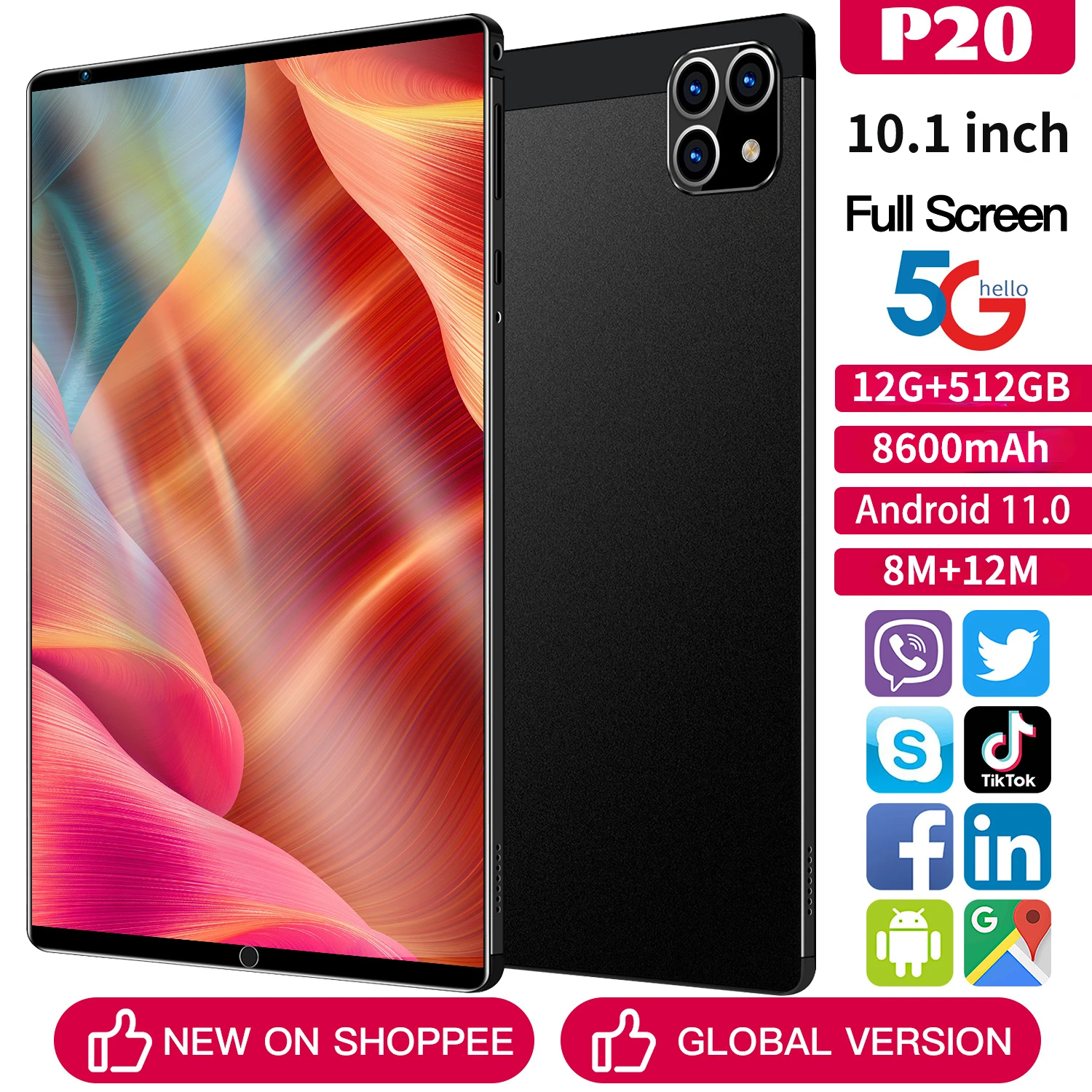 

2023 Global Version Brand New Tablet Android 12GB+512GB RAM 10.1 Inch Android 11.0 Dual SIM 10 Core 8+12MP 8800mAh Bluetooth