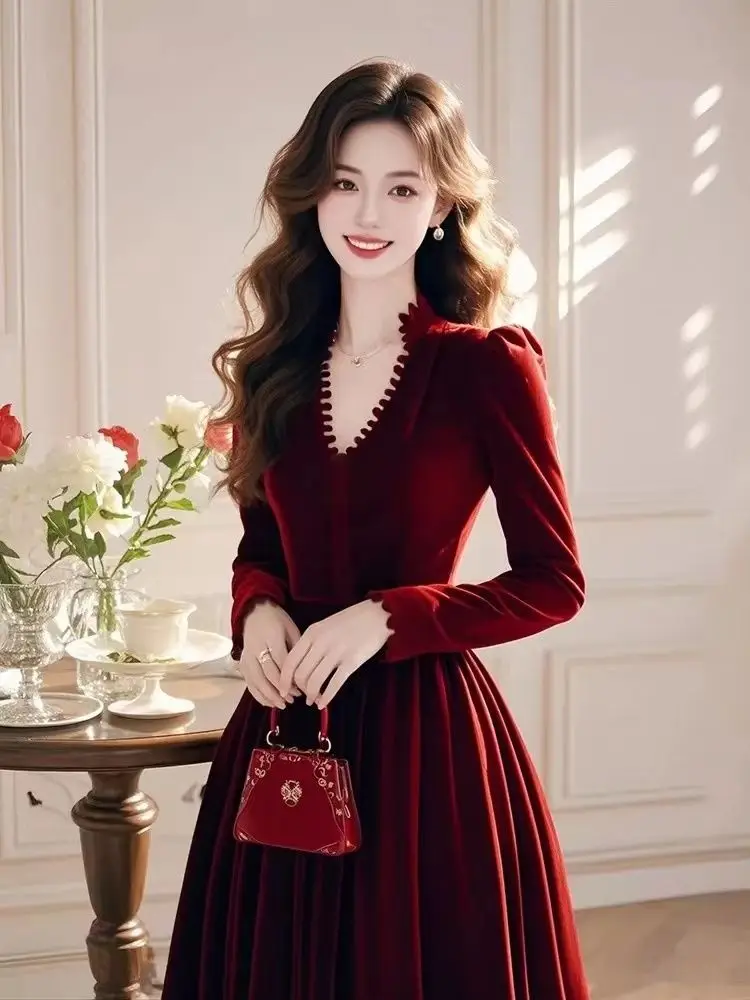 Женское бархатное платье Wine Red