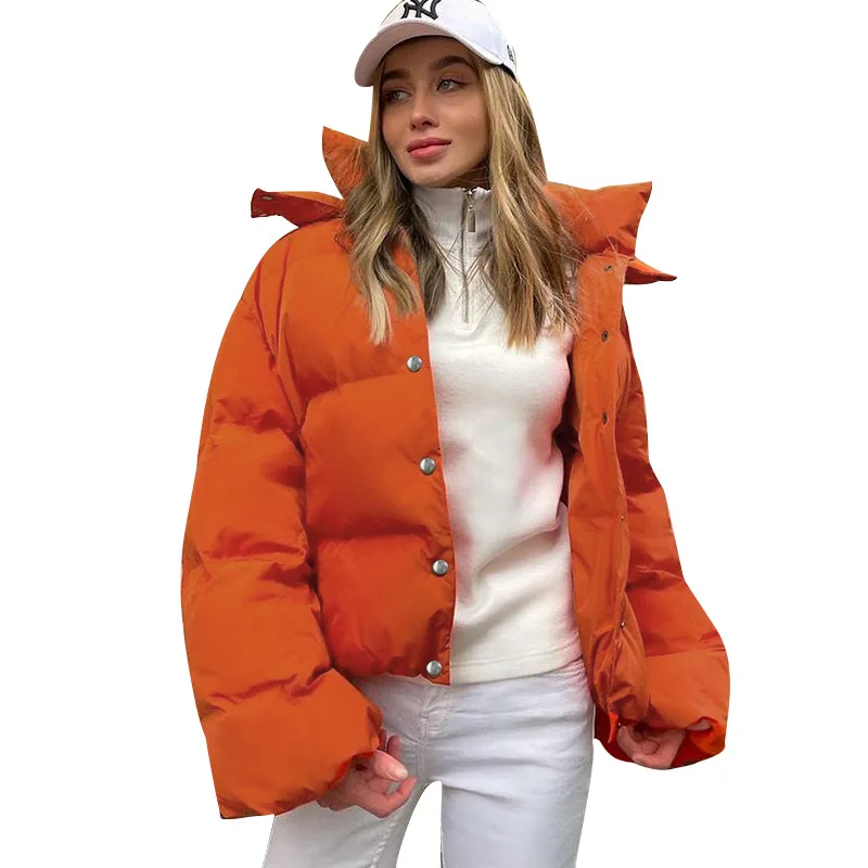 2022 Women's European and American Autumn and Winter New Short Style Breasted Hooded Long-Sleeved Cotton Clothes All-Match Coat