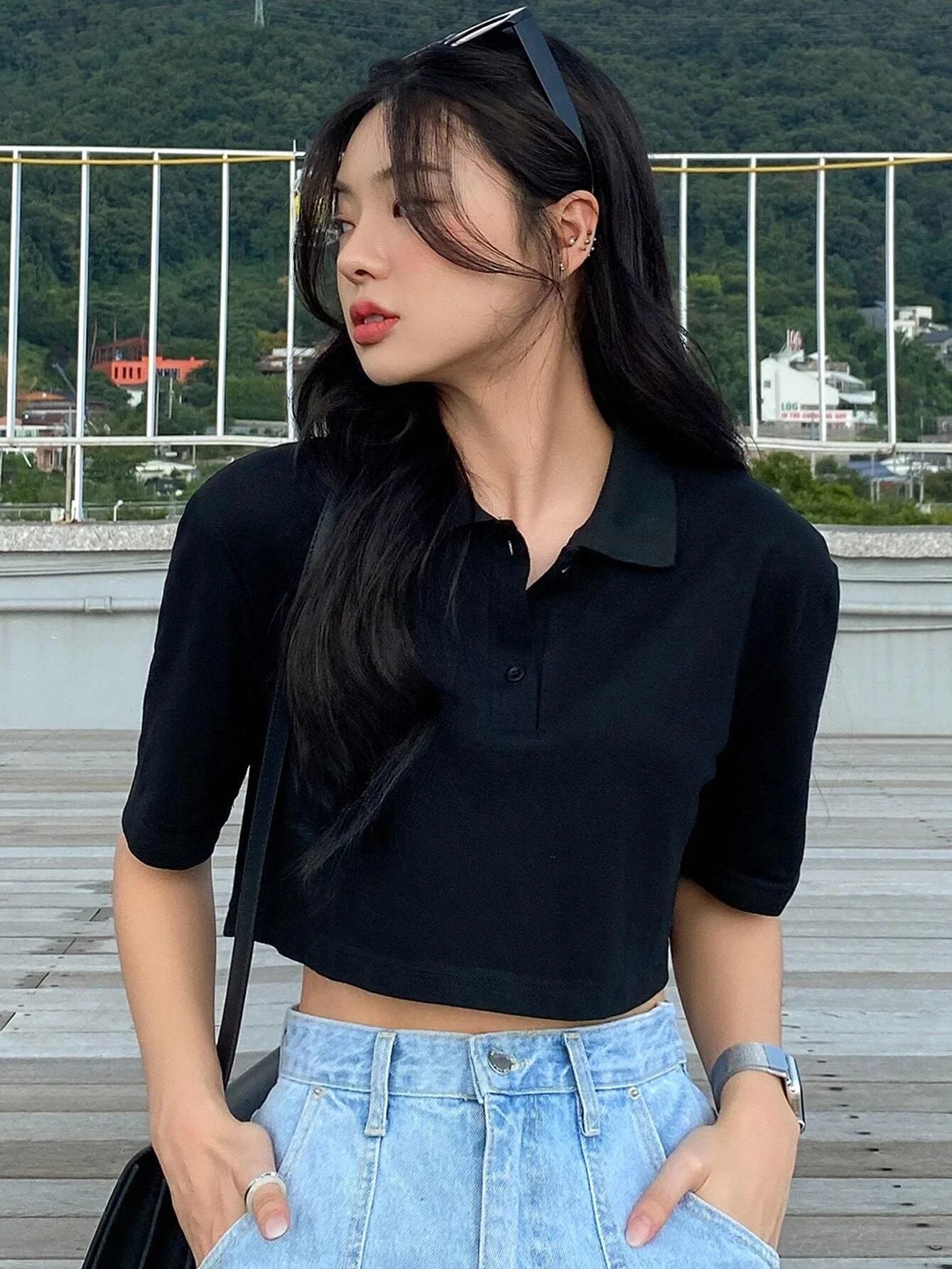 

Solid Button Front Crop Tee