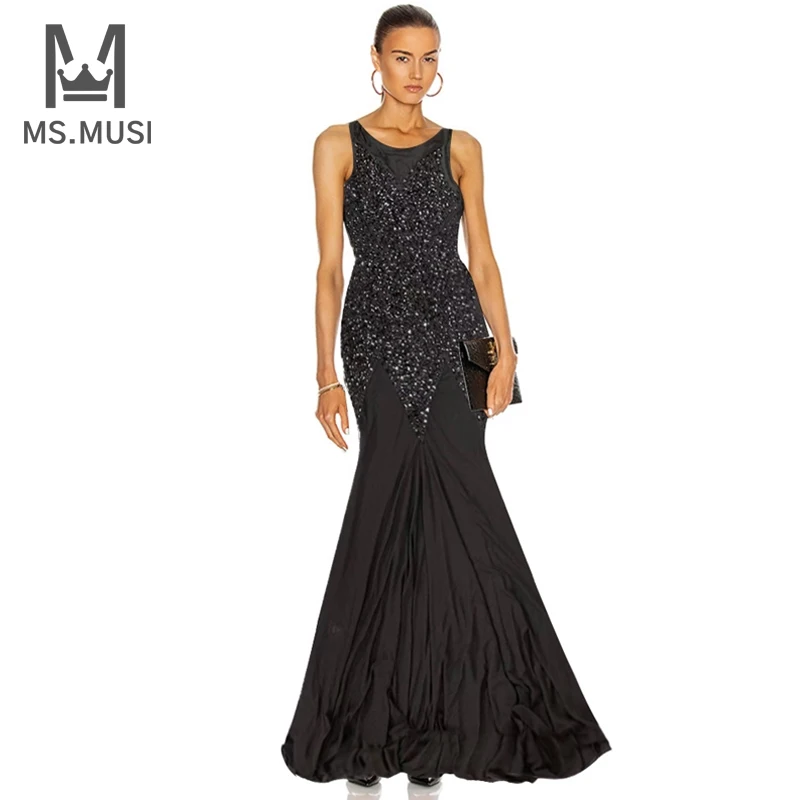 MSMUSI 2023 New Fashion Women Sexy Black Crystal Beading Sequins Bandage Sleeveless Party Club Trumpet Bodycon Maxi Dress Gown