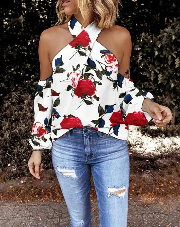 

Женский топ с принтом листьев, перекрестной лямкой на шее, сексуальный топ с открытыми плечами, Новинка лета 2022, Модный женский топ