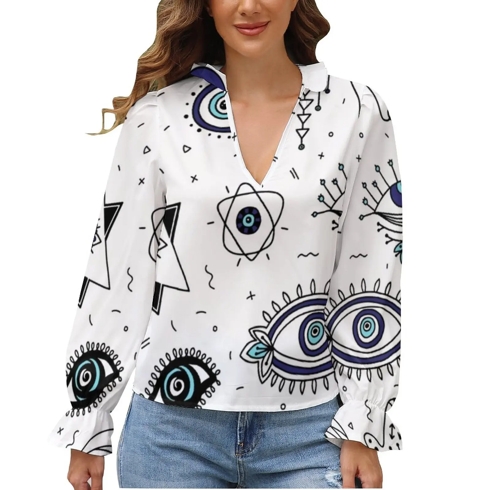 

Evil Eyes Chiffon Blouse V Neck Comic Eye Watching Cute Blouses Summer Long-Sleeve Basic Shirt Hot Women Pattern Clothing Gift