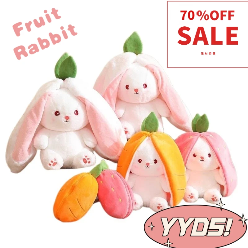 

18cm Cosplay Strawberry Carrot Rabbit Plush Toy Stuffed Creative Bag Into Fruit Transform Baby Cuddly Bunny Plushie Doll for Kid