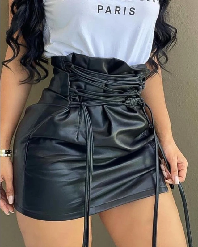 

Lace-up High Waist PU Leather Mini Skirt Nightclub Sexy Personality Europe and America Fashion Women's Clothing 2022