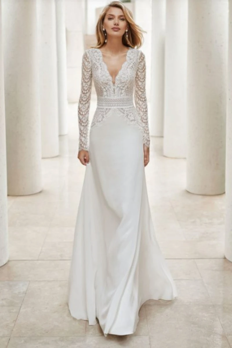 

2022 Appliques Dress Sparkly Lace Wedding Mermaid Illusion Bodice Vestido De Noiva Long Sleeve Sheer Neck Appliques Bridal Gowns