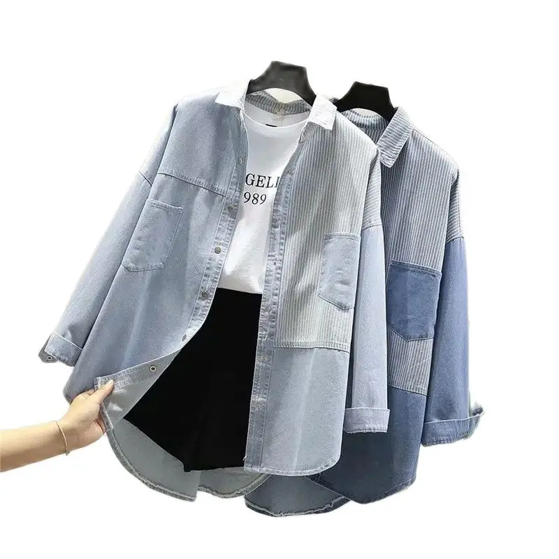 

Upscale Splicing Denim Shirt Stripe Loose Fashion Medium Long Cowboy Women's Shirt Autumn New Ladies Jacket Temperament Top