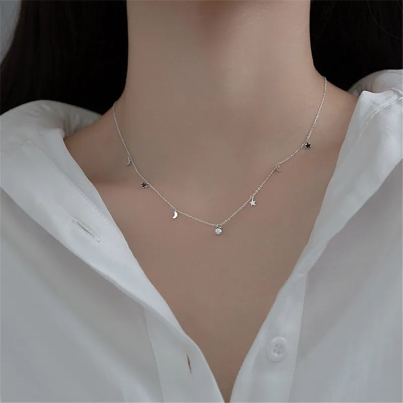 

100% 925 Sterling Silver Choker Clavicle Chain Tassel Star Moon Charm Pendant Necklace For Women Wedding Fine Jewelry F022