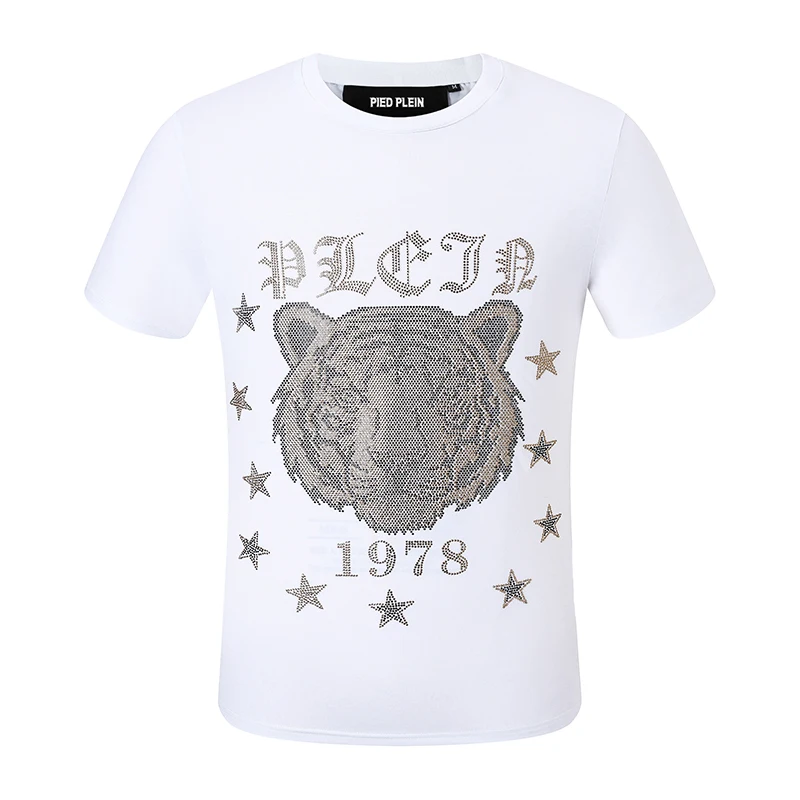 

2023 summer PLEIN BEAR Men's Black Tiger Print Logo Classic T-shirt with Crystals 100% Cotton T-shirts Men Tops Comfortable Tee