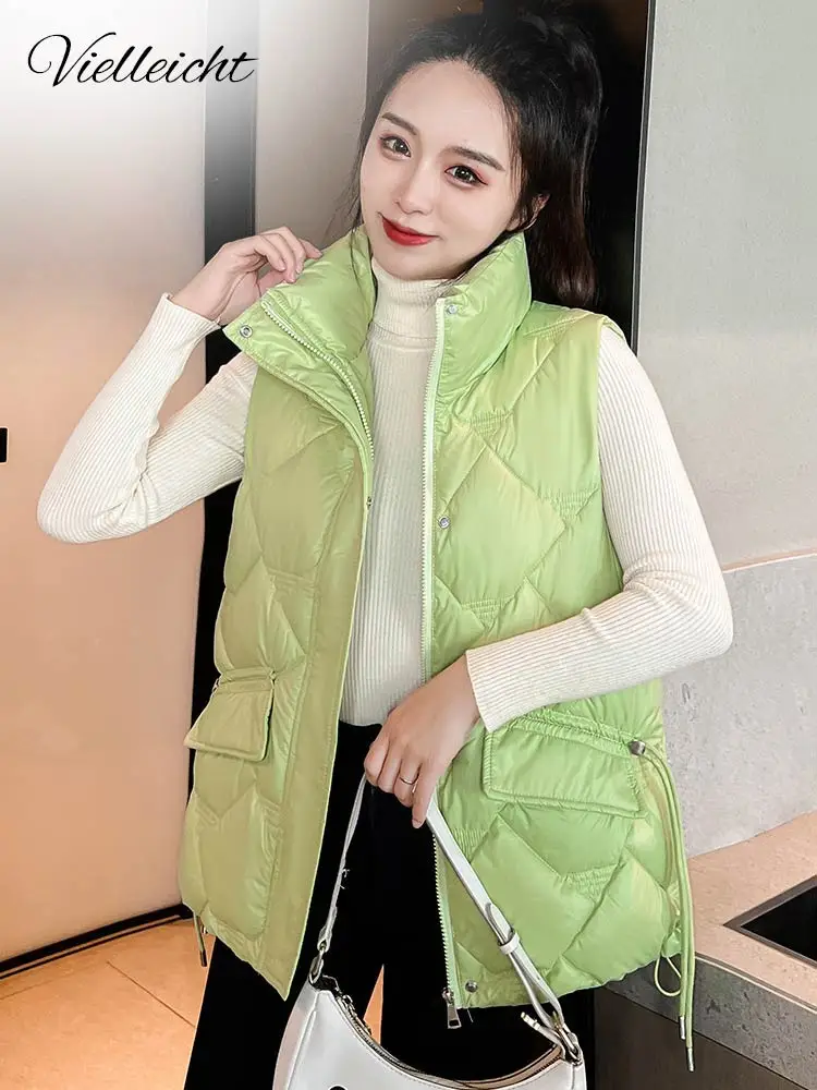 

Vielleicht Women 2022 Fashion Shinny Cotton Padded Waistcoat Pocket Sleeveless Female Outerwear Streetwear Winter Vest Women