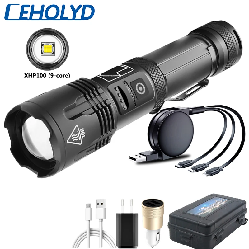 

XHP100 9-Core Led Flashlight High Quality Zoomable Torch Usb Rechargeable 18650 or 26650 Battery Powerbank 5000mAh Lantern Light