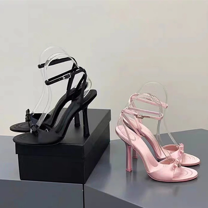 Summer New European and American Women's Bow Satin High Heels Rhinestone Letter Fashion Sandals
