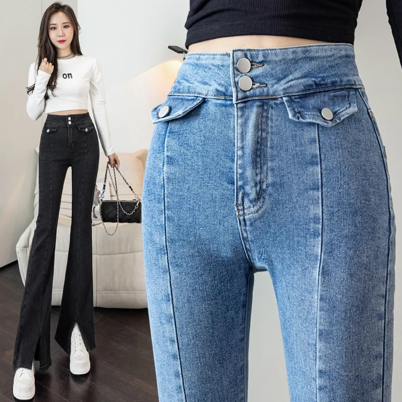 

Spring Women Stretch Skinny Bootcut Jeans Fashion Buttons High Waist Split Flare Jeans Vintage Bellbottoms Denim Trousers Female