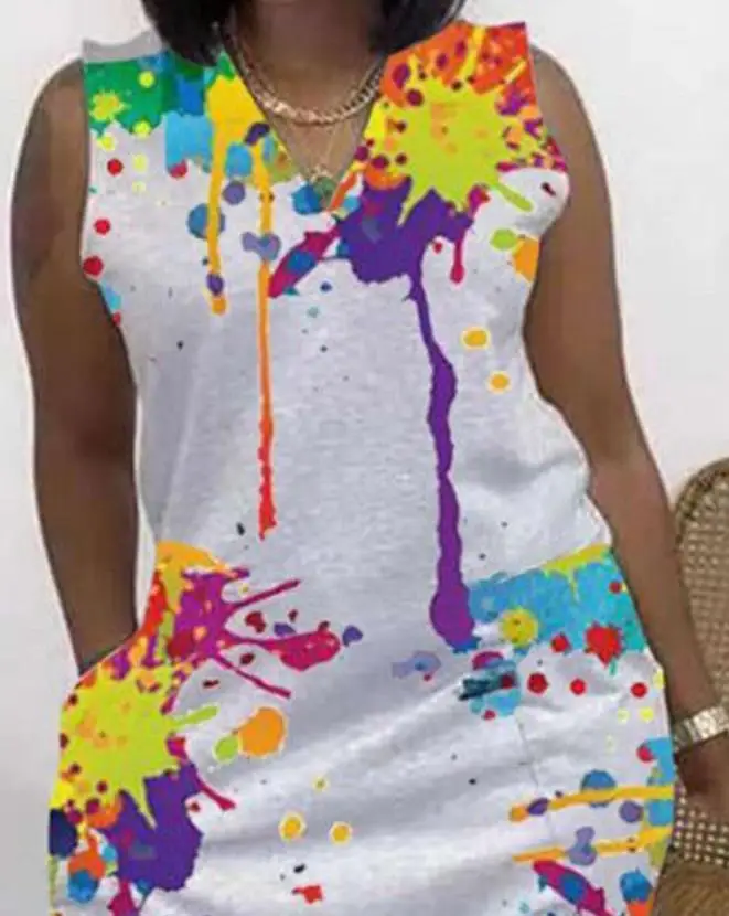Jumpsuit Women 2023 Summer Fashion Ink Splash Print Sleeveless Pocket Design Casual Sleeveless V-Neck Romper Daily OTTD Jumpsuit