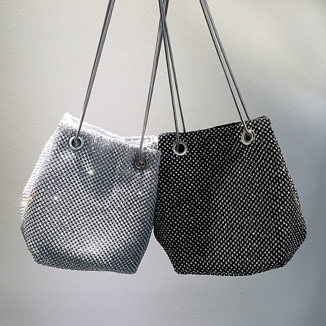 Rhinestone bucket drill bag evening bag material bucket shoulder crossbody bag studded online celebrity bucket clutch bag
