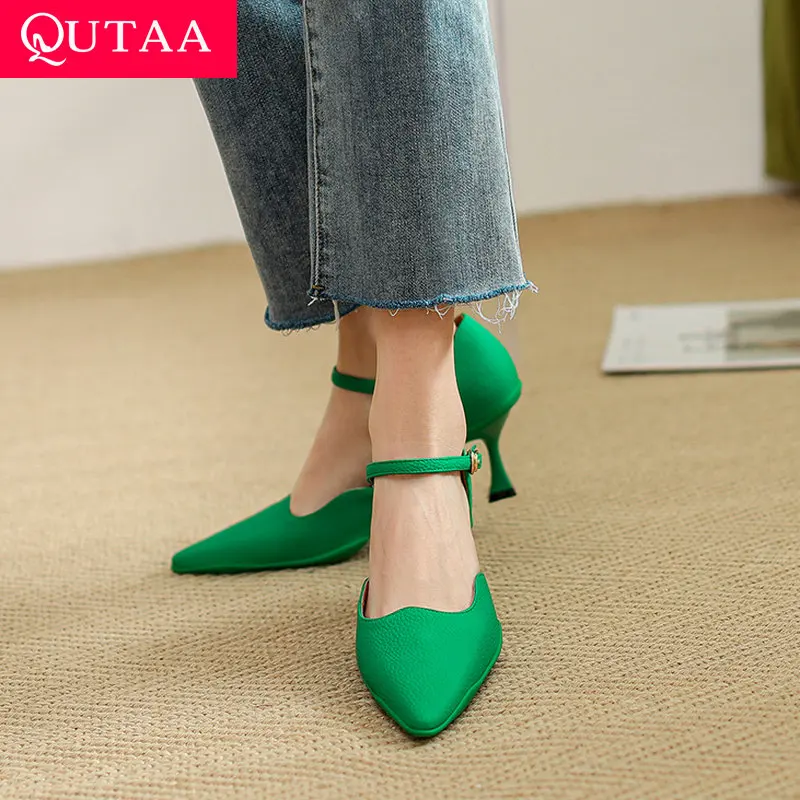 

QUTAA 2022 Sexy Pointed Toe Thin High Heel Summer Fashion Female Shoes Platform Genuine Leather Women Pumps Size 34-39