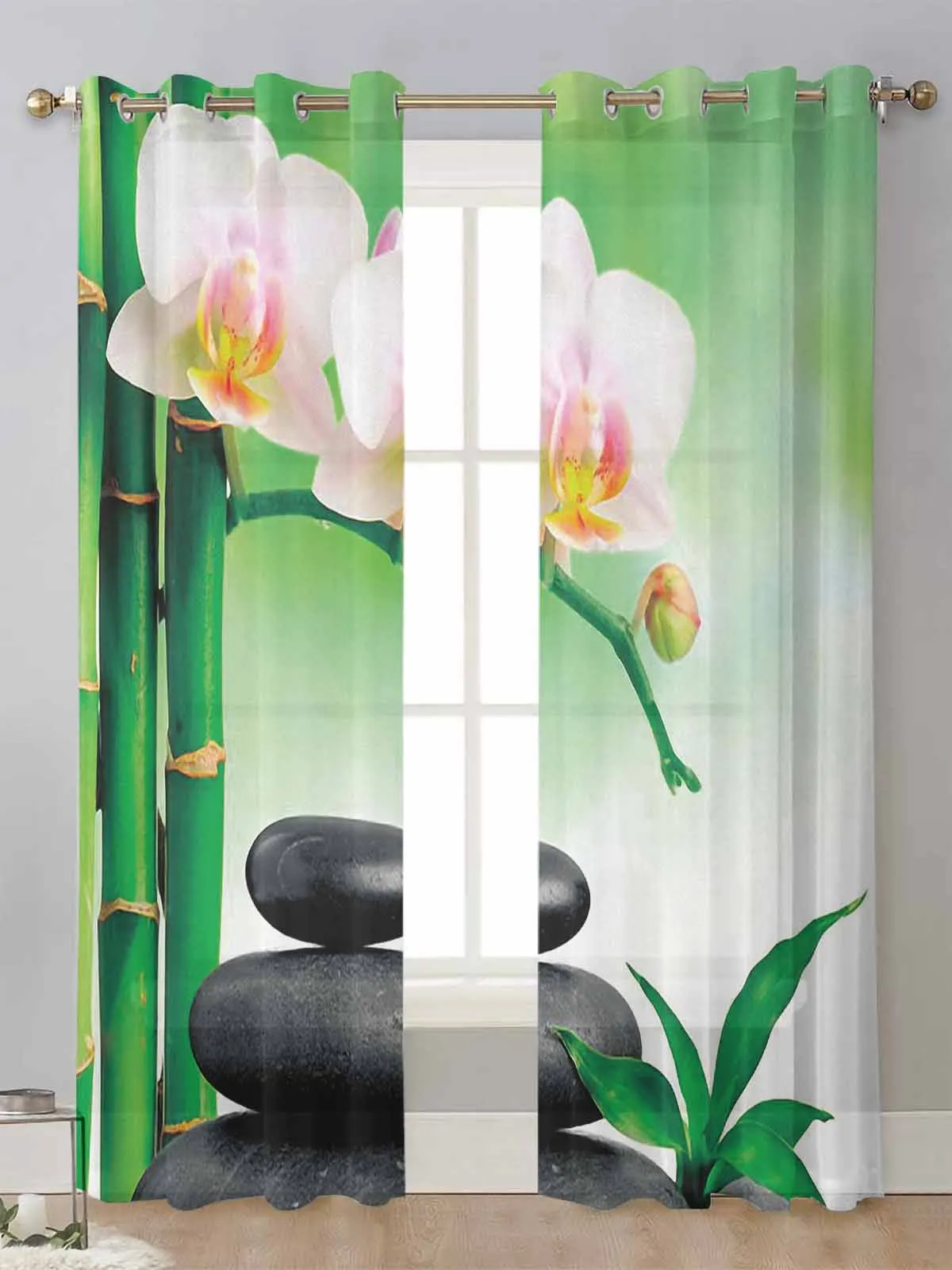 

Zen Stones Orchids Flower Green Bamboo Sheer Curtains For Living Room Window Voile Tulle Curtain Cortinas Drapes Home Decor