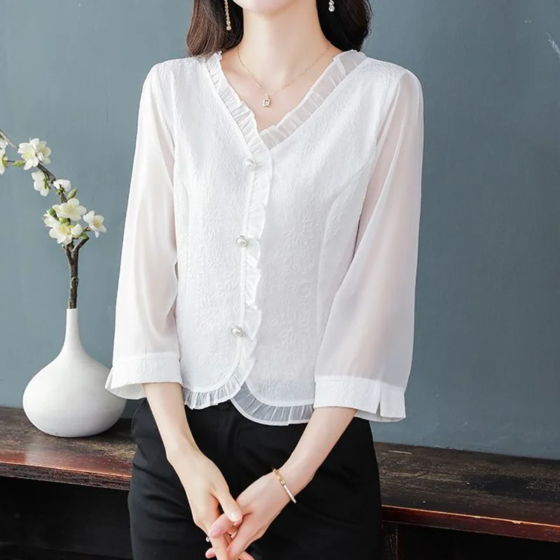 Шифоновая однотонная блузка с рукавом 3/4 летняя новая кружевная свободная