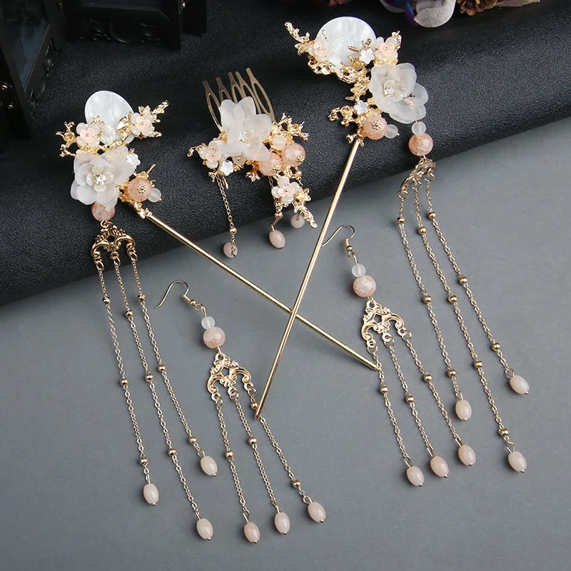 

Chinese Hanfu headdress women's ancient style gold flower hairpin bridal crystal hair comb hair ornament set