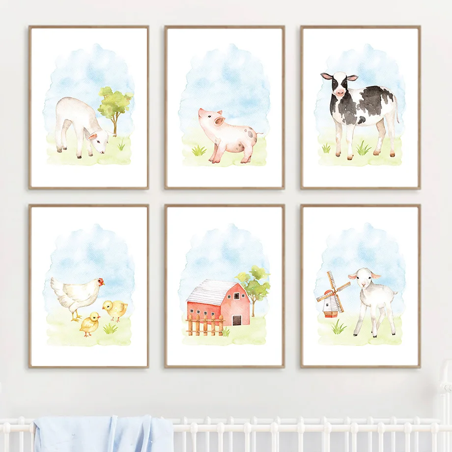 

Cattle Sheep Pig Chickens Farm Animals Nursery Wall Art Canvas Painting Nordic Posters And Prints Wall Pictures Kids Room Decor