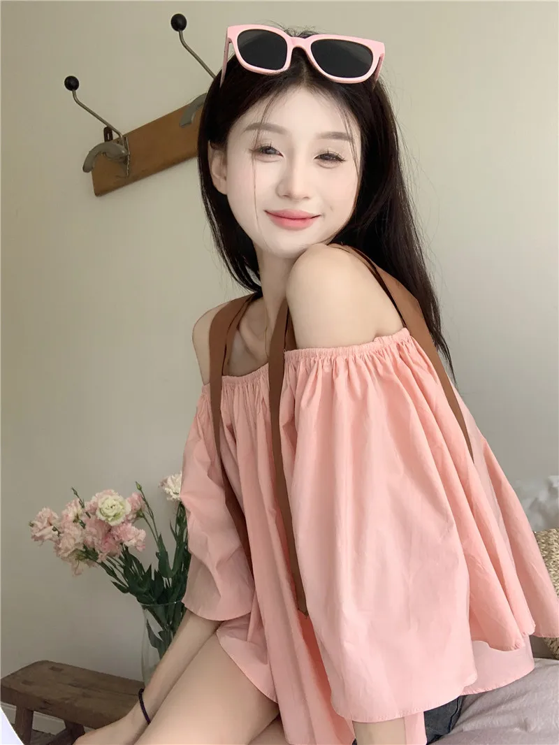 

GY4043 French One Shoulder Shirt Women's Summer New Loose Design with Unique Flare Sleeve Doll Neck Top Fashion