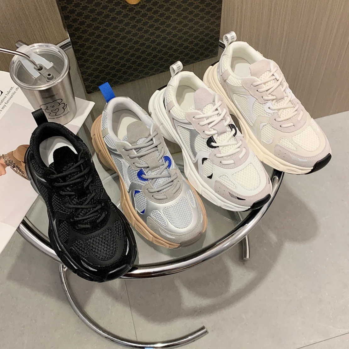 

Elmsk 2023 New Fashion Retro Fathering Daddy Shoes Leather Ginseng Facial Switching Sneeper Sports Shoes Sneakers Women