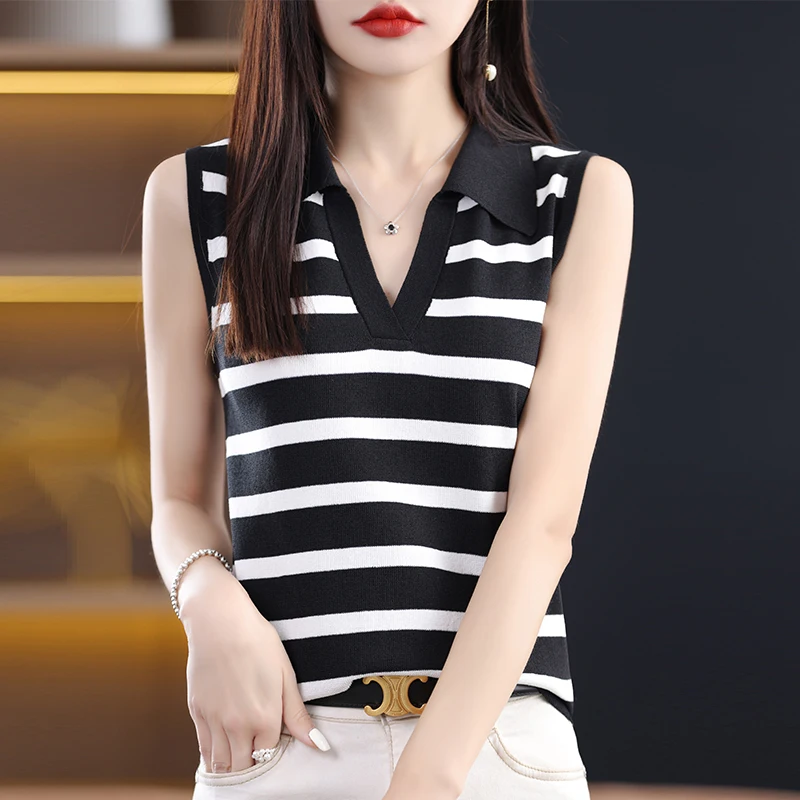 

Sweet and spicy POIO neck striped vest female design sense niche wearing sling loose versatile sleeveless top.