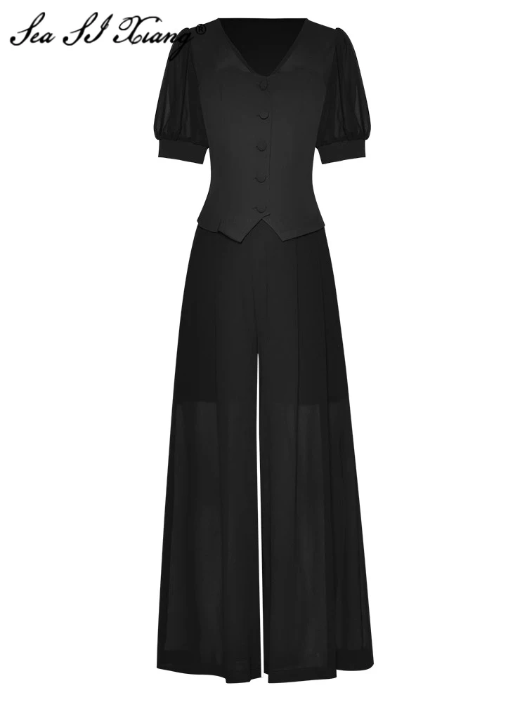 

Женский дизайнерский костюм из двух предметов Seasixiang, черный однобортный Топ с V-образным вырезом и широкие брюки с карманами, весна-лето