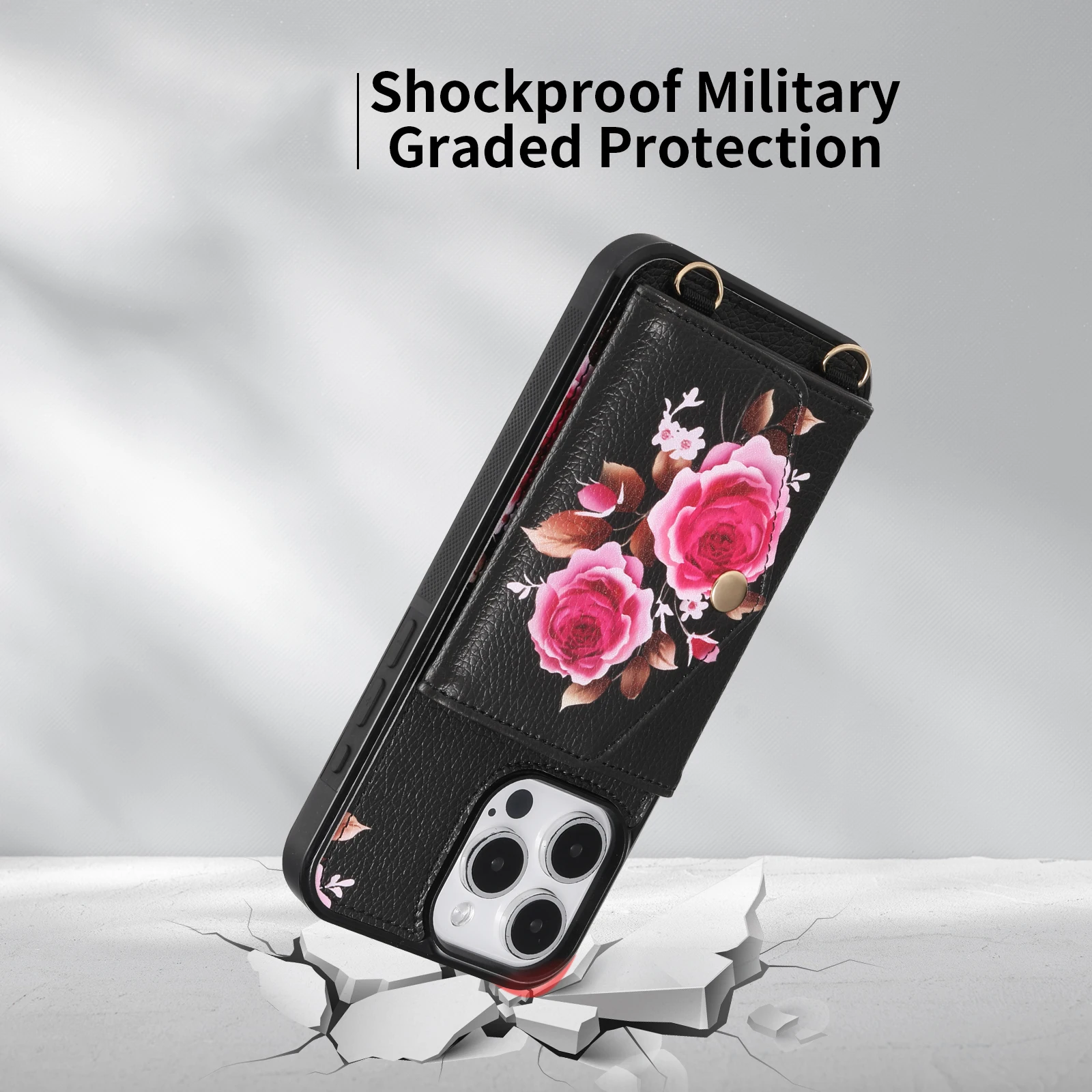 Противоударный кожаный чехол-кошелек с цветочным принтом для iPhone 16 Pro Max 15 14 13 12