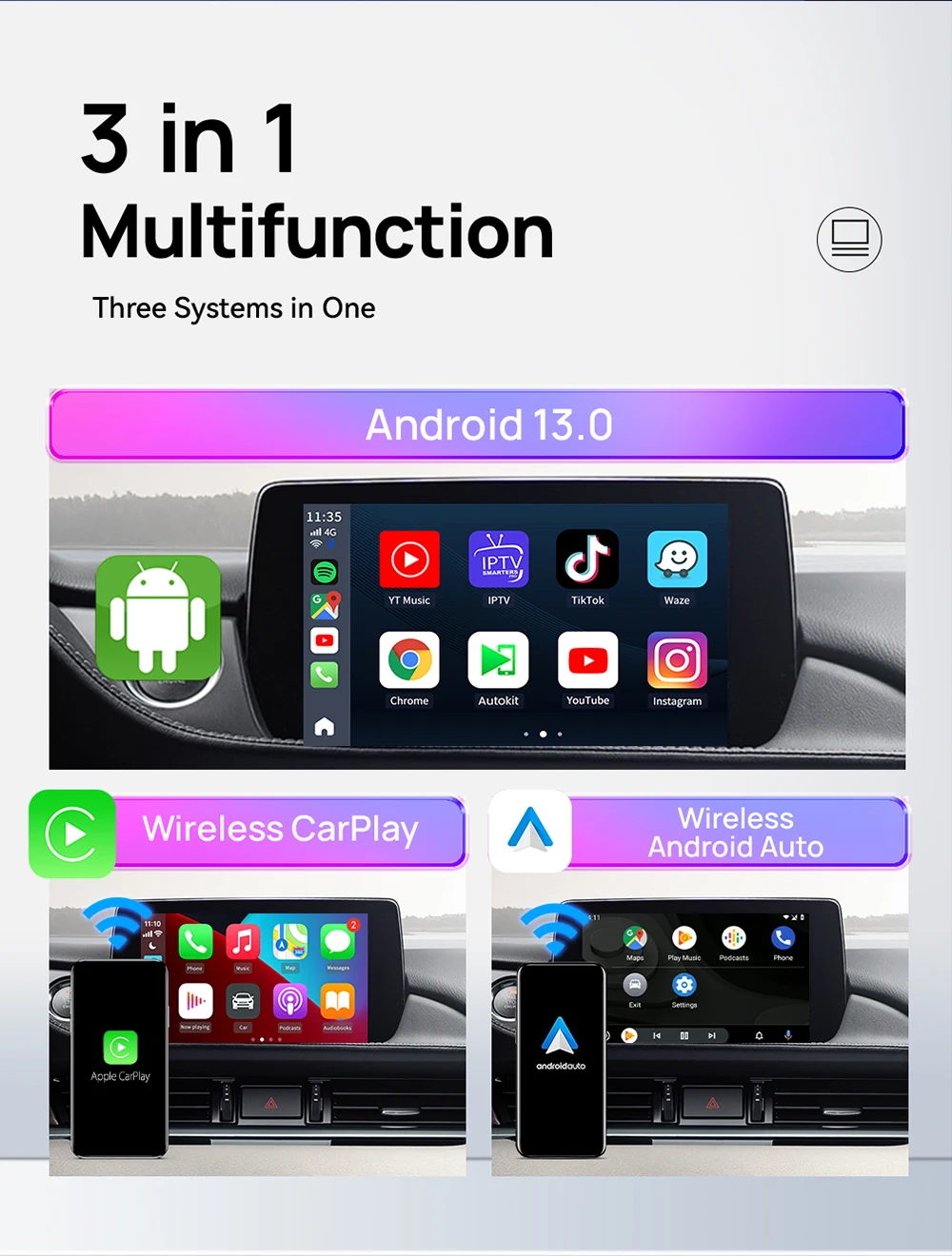 Binize CarPlay Ai Box HDMI Wireless Android Auto Разделенный экран 13.0 Qualcomm SDM660 8-ядерный 8G + 128G