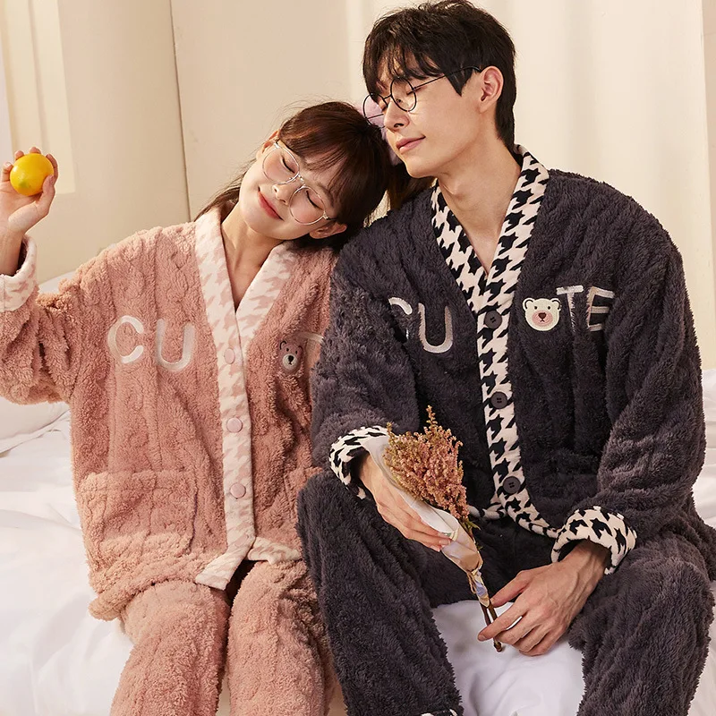 2022 new couples pajamas winter flannel and fleece thickened couples pajamas set fashion cardigan coral fleece home wear set