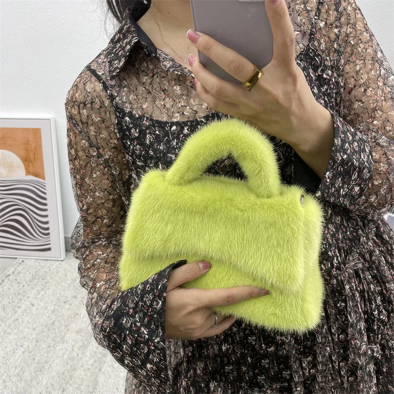 Female Mink Leather Bag Solid Color Handbag Plush Casual Lady Handbag Shoulder Bag Fashion Exquisite Shopping Bag