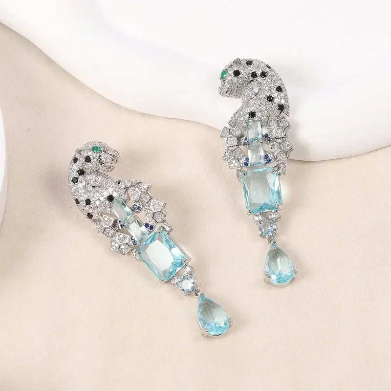 Full CZ Zircon Leopard Waterdrop Earrings Green Eyes Square Crystal 925 Needle Panther Animal for Women Party Gift