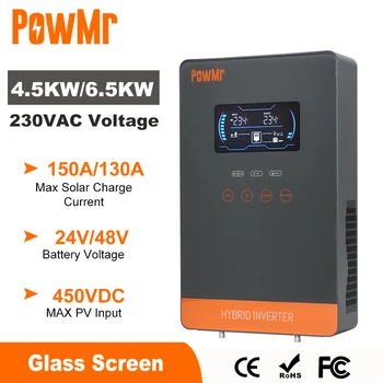 PowMr 4500W 6500W Hybrid Solar Inverter 24V 48V 230VAC Off Grid Inverter with MPPT 150A Solar Charger 6.25 Inch Touch Button 1