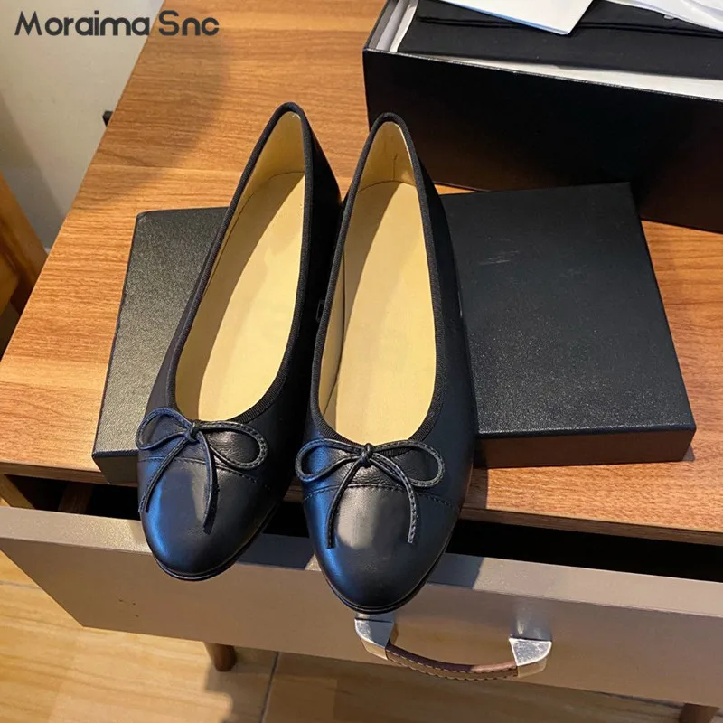 Leather Bowknot Ballet Shoes Fashion Color Matching Flat Bottom Round Toe Women's Shoes Shallow Mouth Casual Classic Shoes