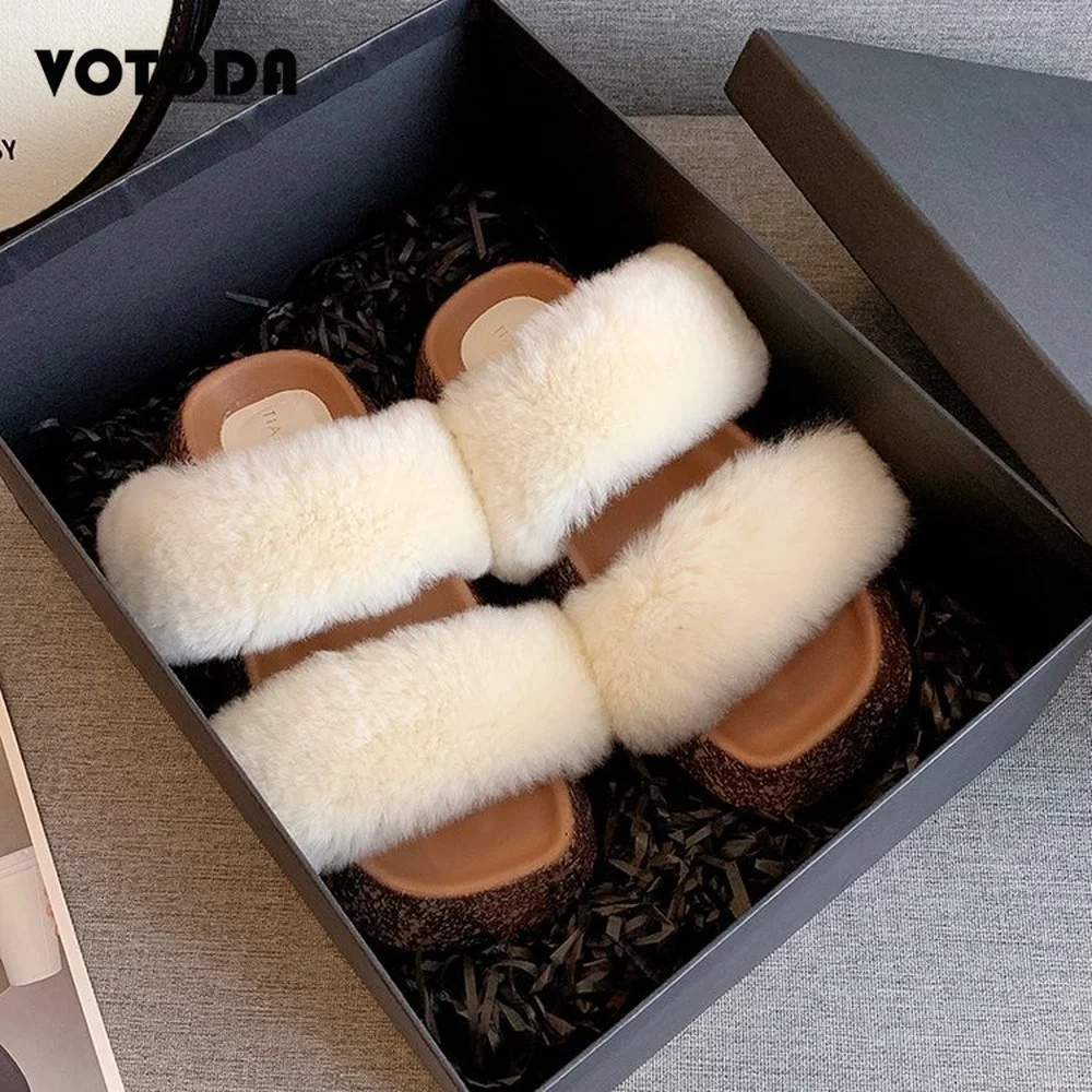 

Women Winter Fluffy Fur Slippers Fashion Rabbit Fur Platform Heighten Home Slides Cute Sweet Casual Flip Flop Girl Furry Slipper