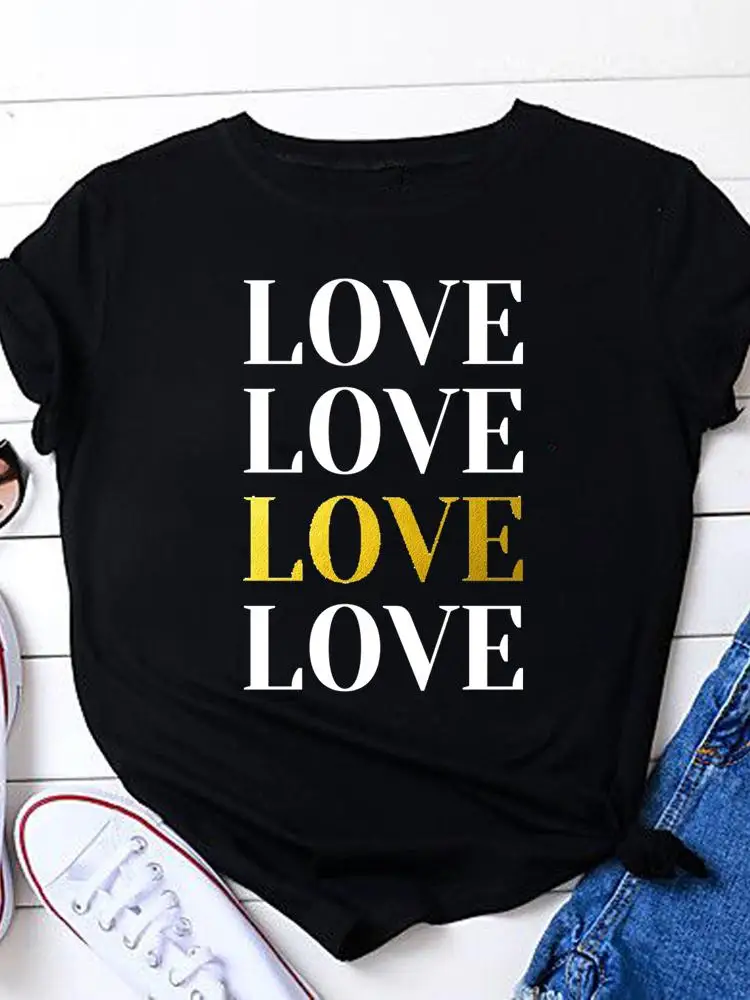

Футболка с коротким рукавом летняя футболка с графическим рисунком милый тренд с надписью Love модная женская повседневная черная одежда жен...