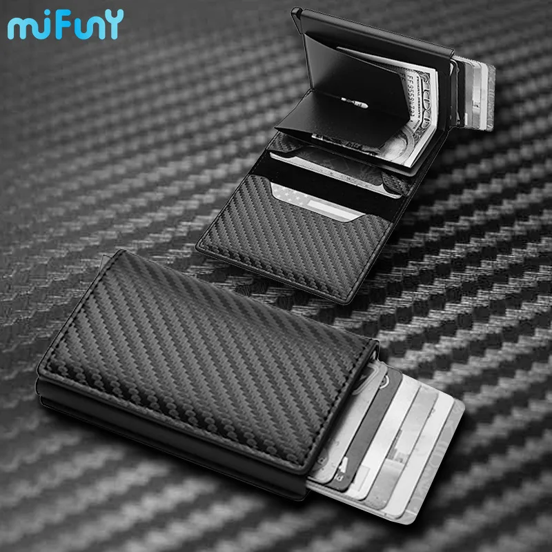 

MIFUNY Mini Male Purses Wallet ID Holders Carbon Fiber Card Holder Men RFID Black Magic Trifold Leather Wallet Customized Logo