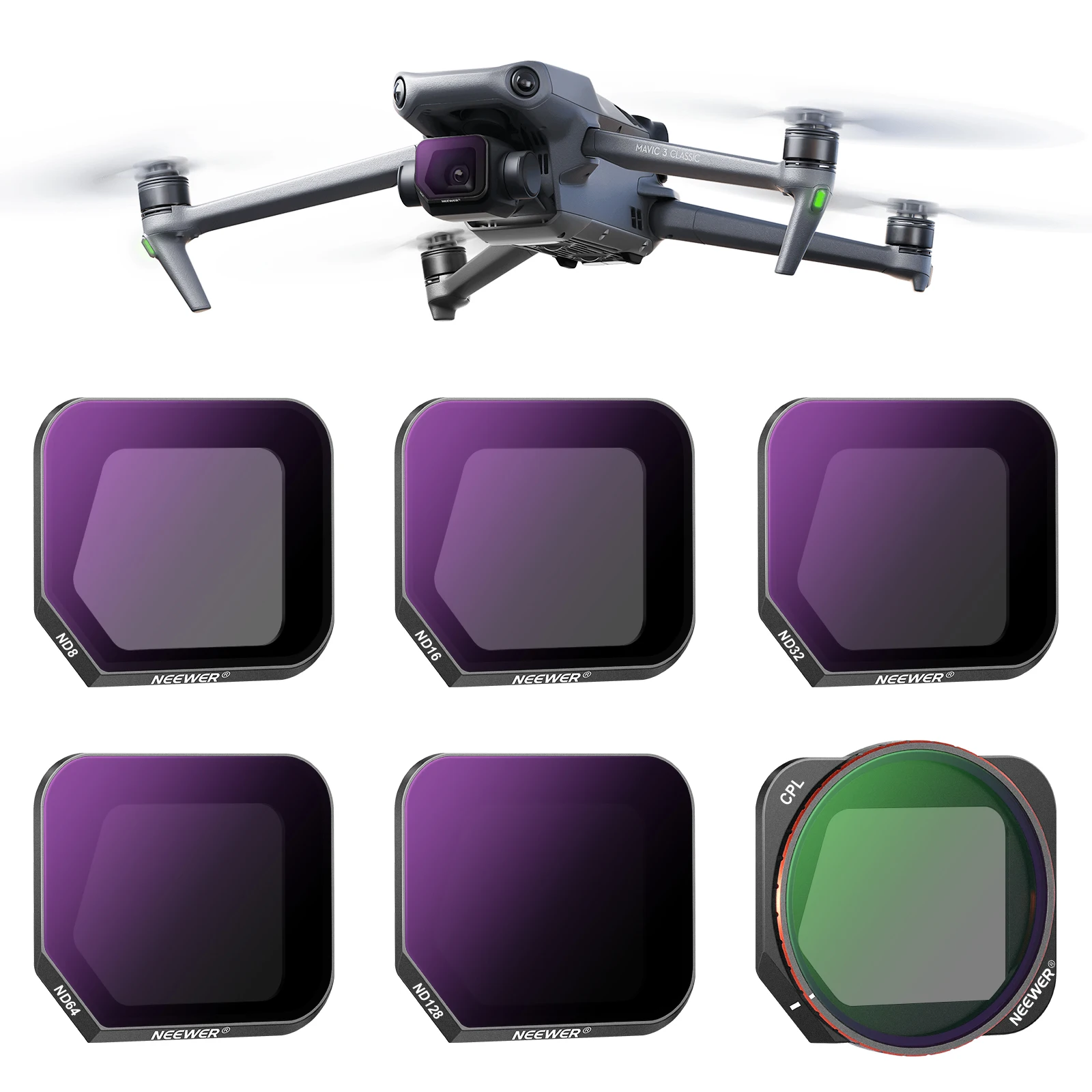 

NEEWER 6 шт ND/CPL набор фильтров совместим с DJI Mavic 3 Classic, HD Оптическое стекло нейтральной плотности ND8/16/32/64/128 фильтр
