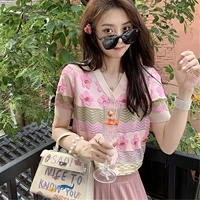 summer cute women cardigan v neck short sleeve flower beaded hollow out knitted sweater new fashion loose temperament sweater