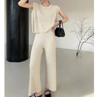 2022 summer trousers suits summer casual knitt two piece set women loose pullover vest wide leg pants suits ensemble femme